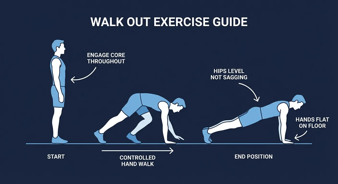 Walk out proper form side view showing hand-over-hand movement from standing to high plank with neutral spine