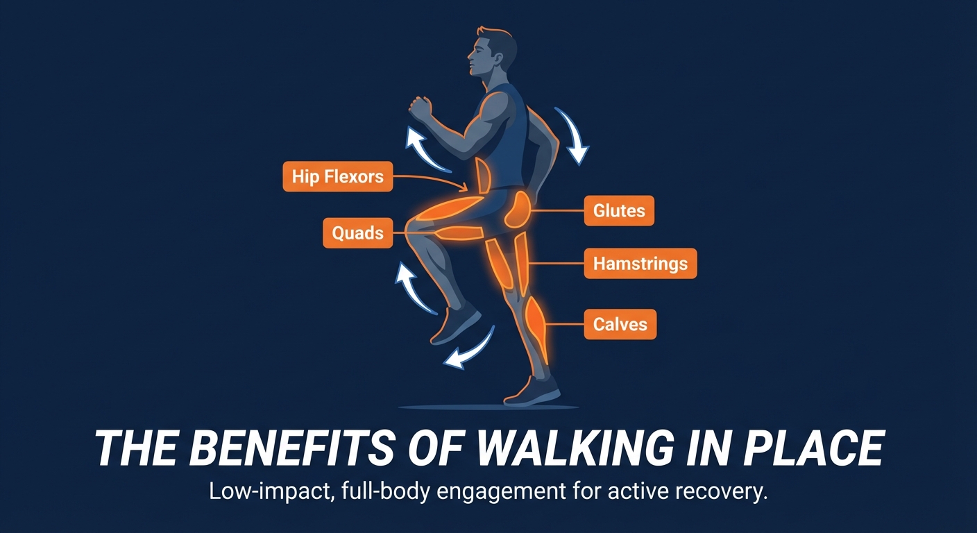 Walking in Place muscles targeted diagram showing hip flexors, quadriceps, glutes, hamstrings, and calves activation during the alternating walking cadence