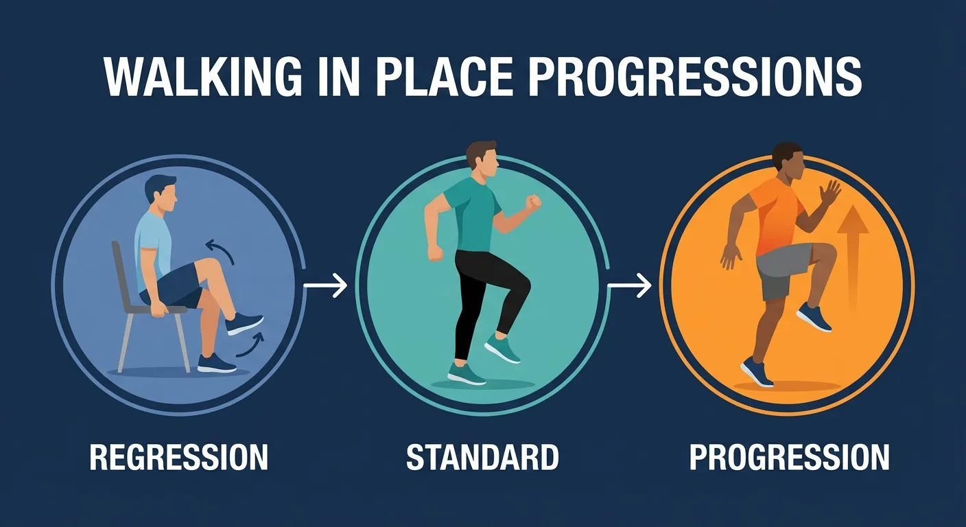 Walking in place progressions: chair-supported stepping, standard walking in place, marching in place, and high-knee cardio