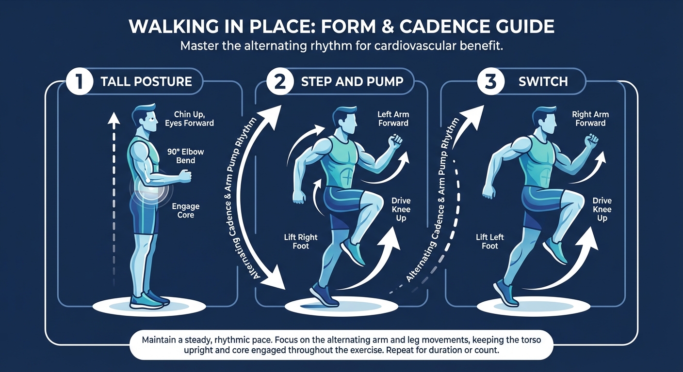 Walking in Place proper form sequence showing tall upright posture, alternating foot lifts, and rhythmic arm pump with opposite leg and arm coordination