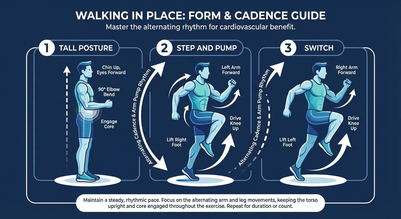 Walking in place proper form: tall upright posture, alternating foot lifts, quiet midfoot landings, and opposite arm swing