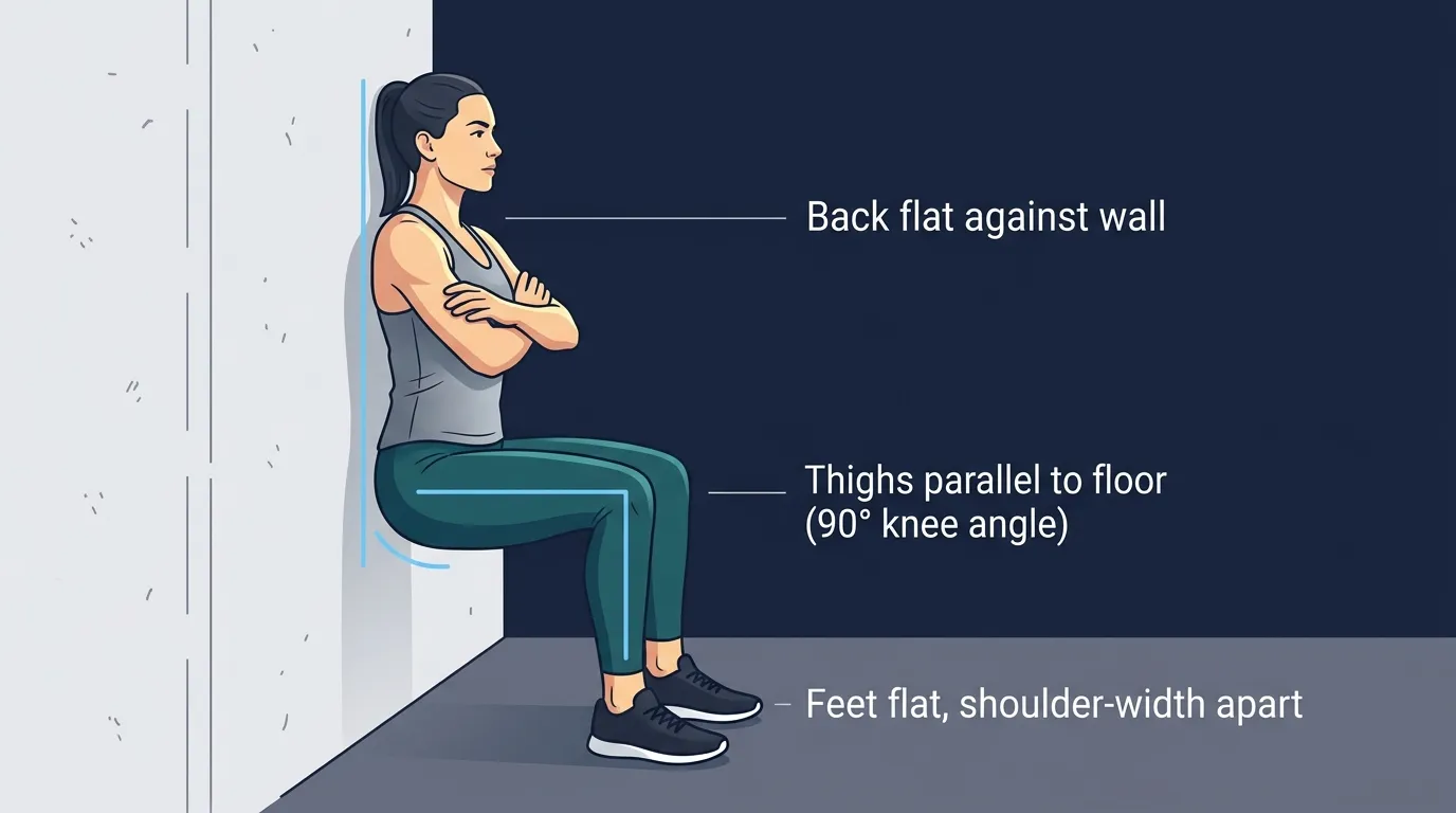 Wall sit proper form: back flat against the wall, thighs near parallel, knees over ankles, feet shoulder-width apart