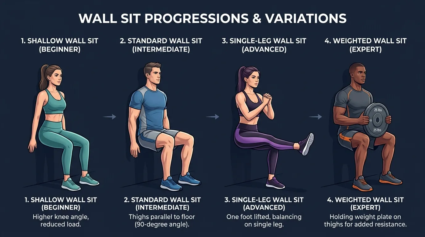 Wall sit progressions from partial hold to full wall sit, loaded wall sit, and single-leg wall sit