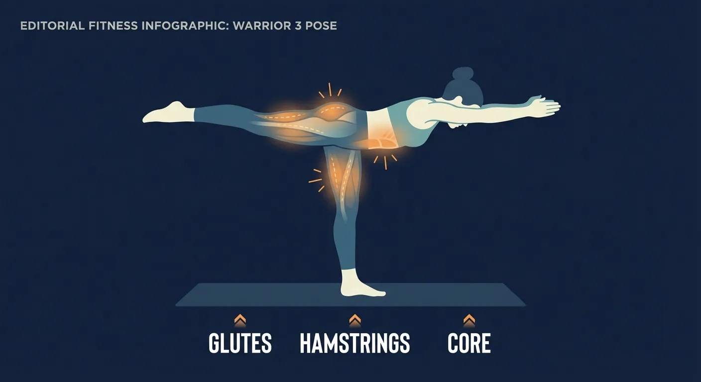 Warrior 3 pose muscles worked diagram showing glutes, hamstrings, core, and posterior chain activation
