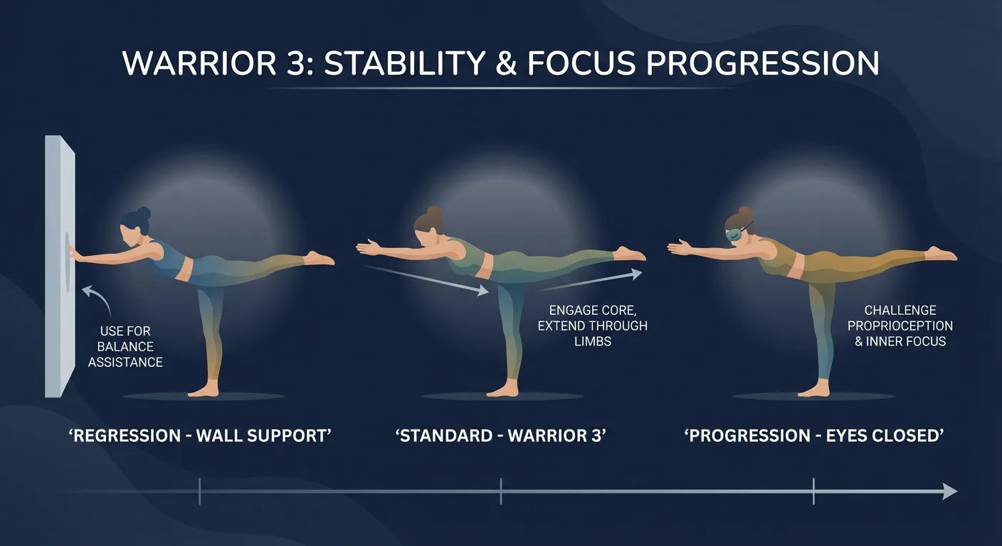 Warrior 3 variations showing wall-assisted regression, standard pose, and closed-eye progression