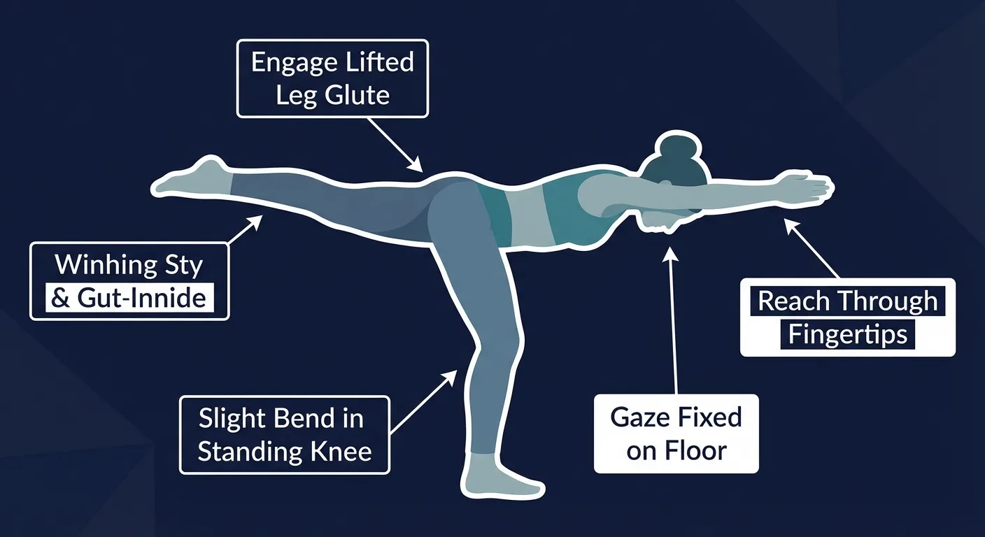 Warrior 3 proper form showing straight line from fingertips to lifted heel with slight bend in standing knee