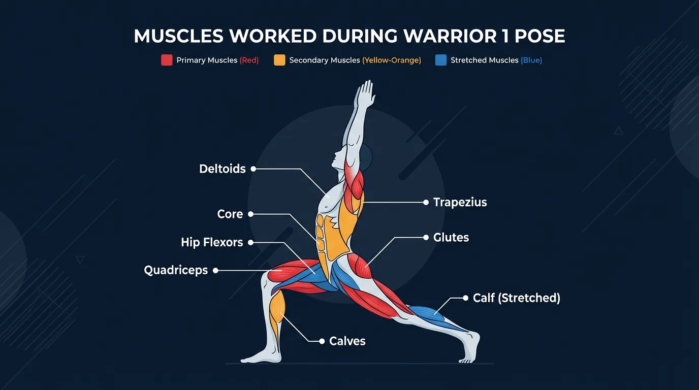 Warrior 1 pose muscles targeted diagram showing quadriceps, glutes, and deltoids strengthened with hip flexors and calves stretched