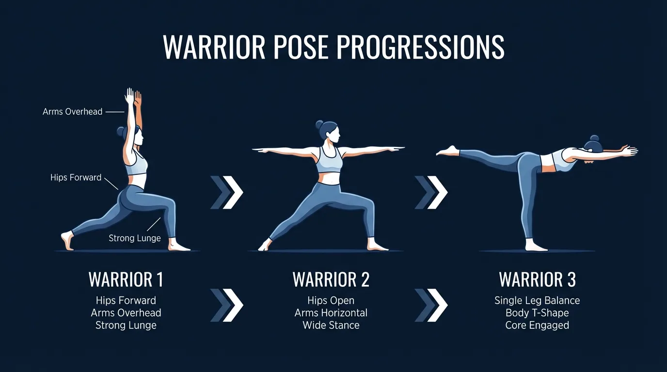 Warrior pose progression from Warrior 1 to Warrior 2 to Warrior 3 single-leg balance