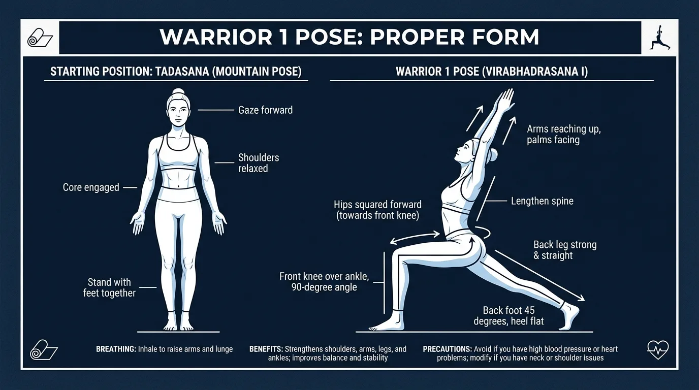 Warrior 1 proper form showing standing start position and warrior 1 lunge with hips squared forward, front knee over ankle, and arms overhead