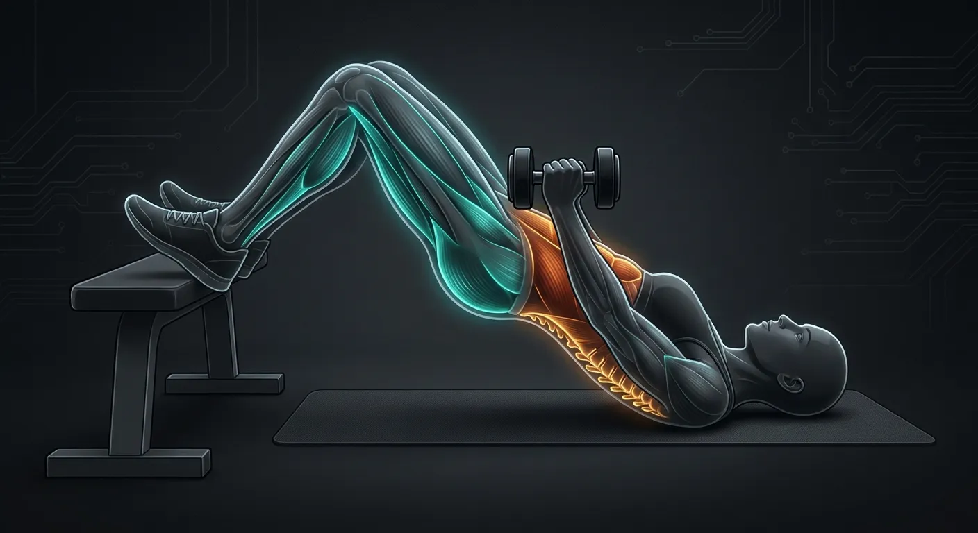 Weighted iso ham raise muscles worked: hamstrings and gluteus maximus as primary movers, with adductor magnus, spinal erectors, deep core, grip, and forearms stabilizing the weighted bridge
