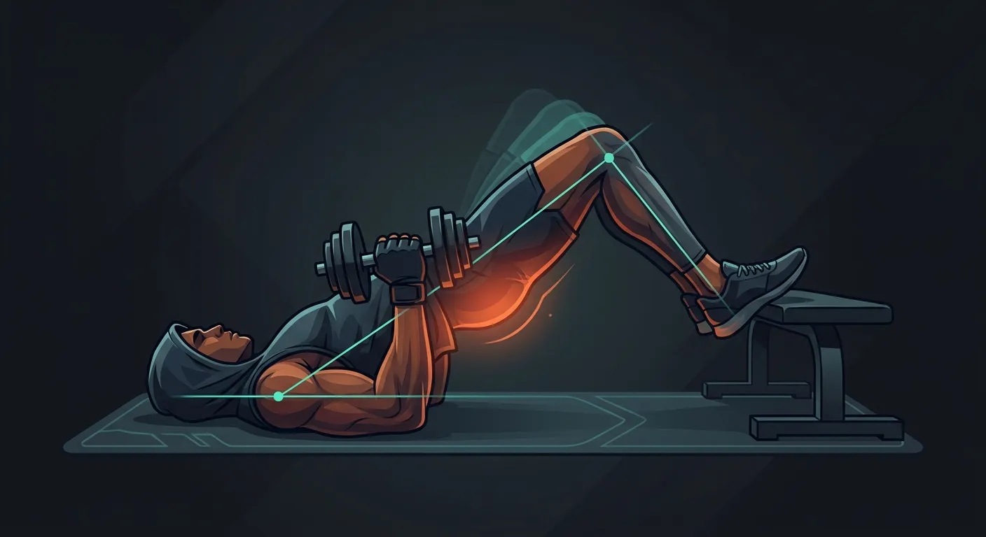 Weighted iso ham raise proper form with heels on a bench, dumbbell across the hip crease, ribs down, hips level, and a straight line from knees to shoulders