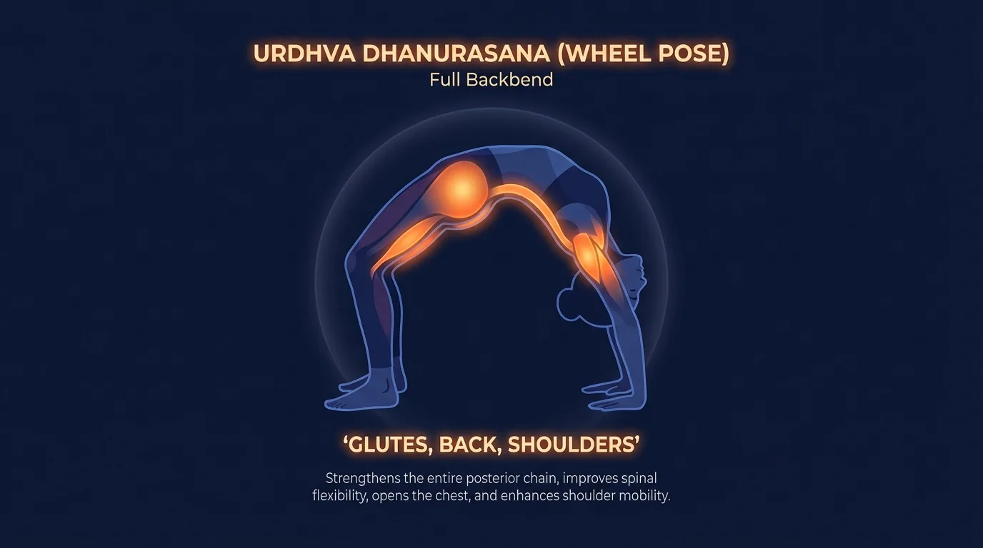 Wheel pose muscles worked diagram showing glutes, hamstrings, erector spinae, shoulders, and hip flexor stretch