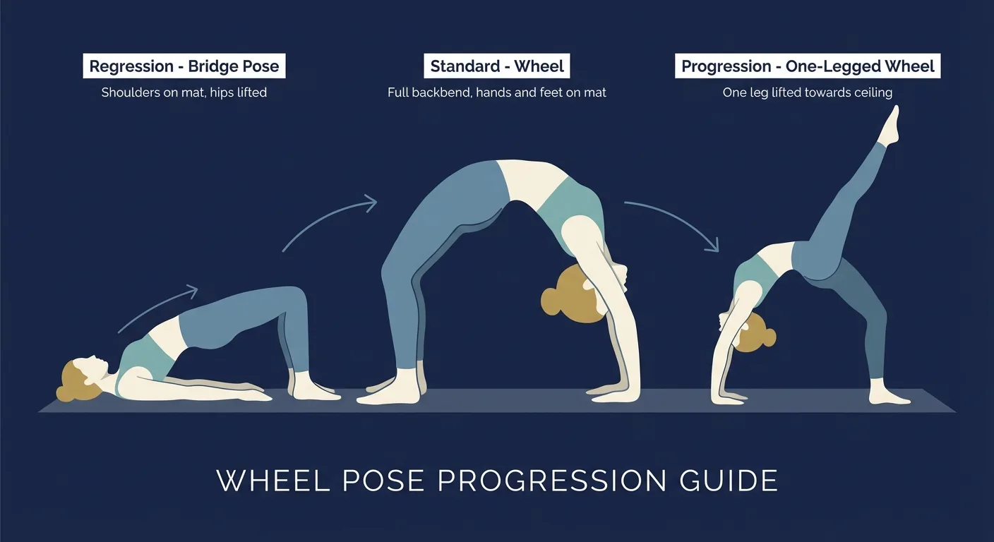 Wheel pose variations showing bridge regression, standard wheel, and one-legged wheel progression