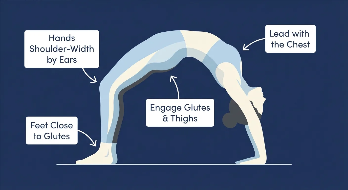 Wheel pose proper form showing engaged glutes, straight arms, and chest-led arch