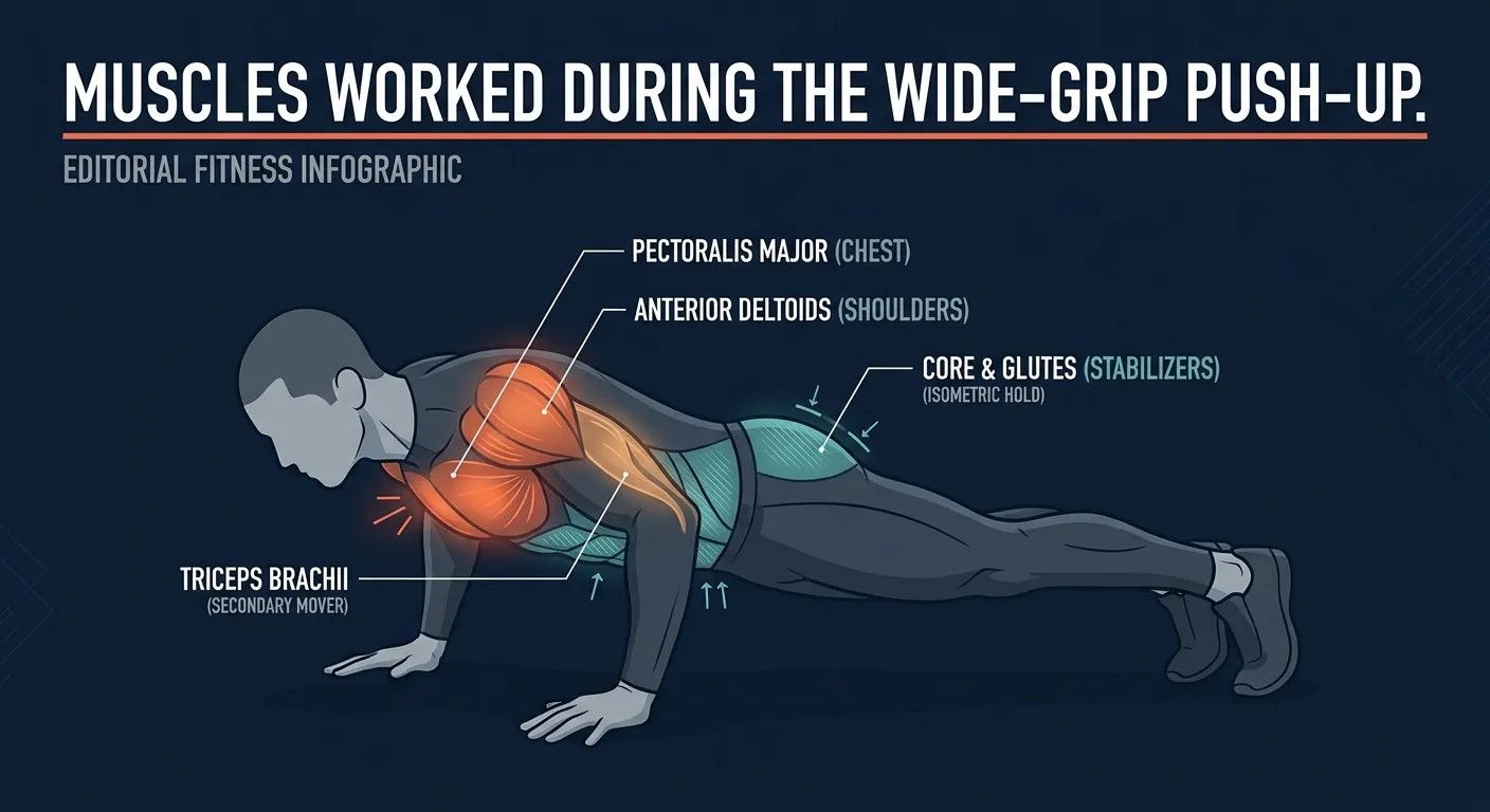 Wide-grip push-up muscles activated: pectoralis major and anterior deltoids as primary movers, triceps brachii in a reduced assisting role, with the core, glutes, and scapular stabilizers working isometrically to hold the plank