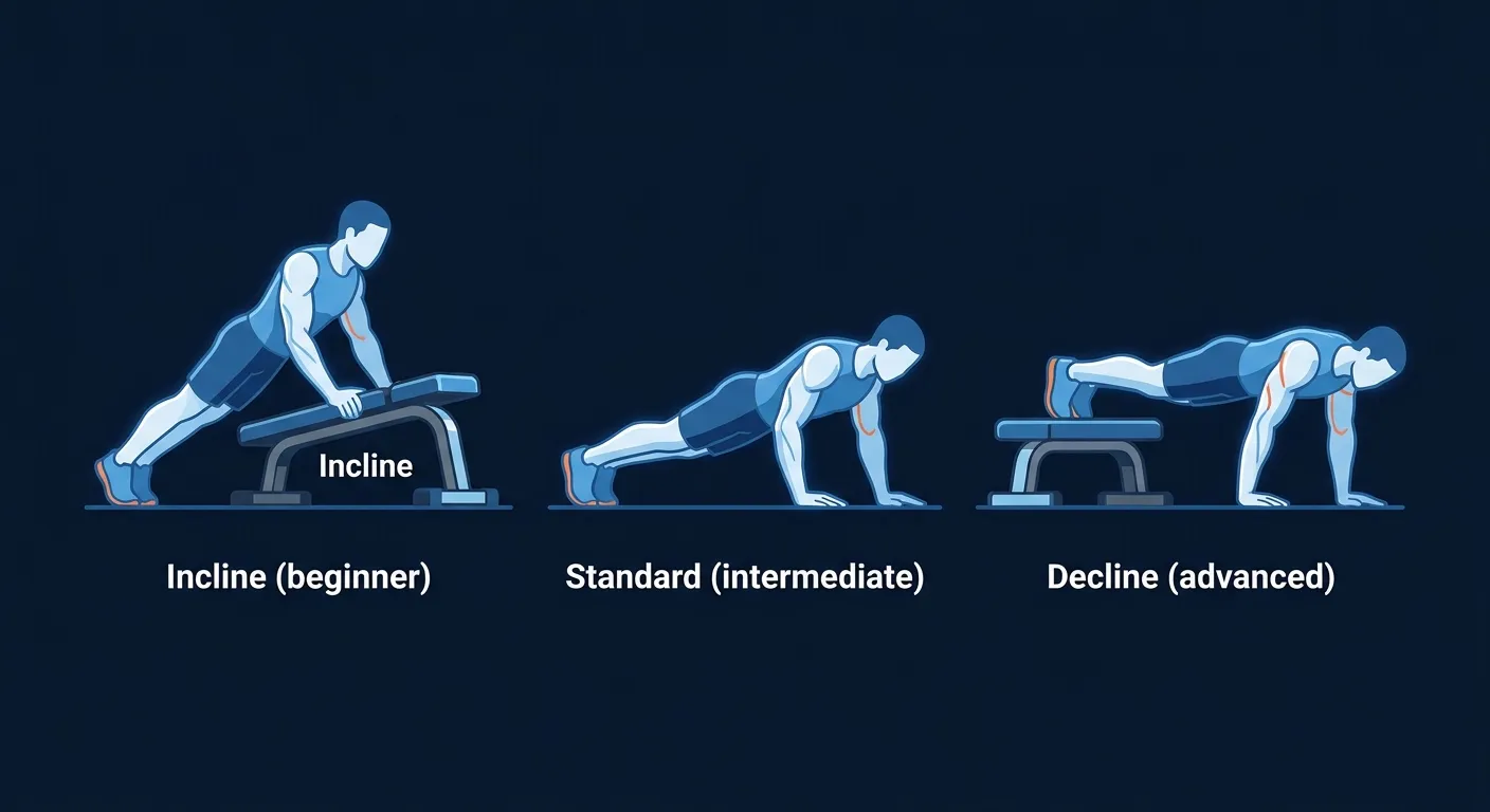 Wide-grip push-up progression sequence from incline (beginner) to standard floor (intermediate) to feet-elevated decline (advanced)