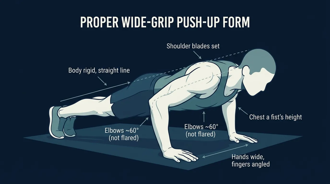 Wide-grip push-up proper form at the bottom position: hands 1.5 times shoulder width with fingers angled slightly outward, elbows at 45-60 degrees from the torso, chest a fist's height above the floor, rigid plank from head to heels