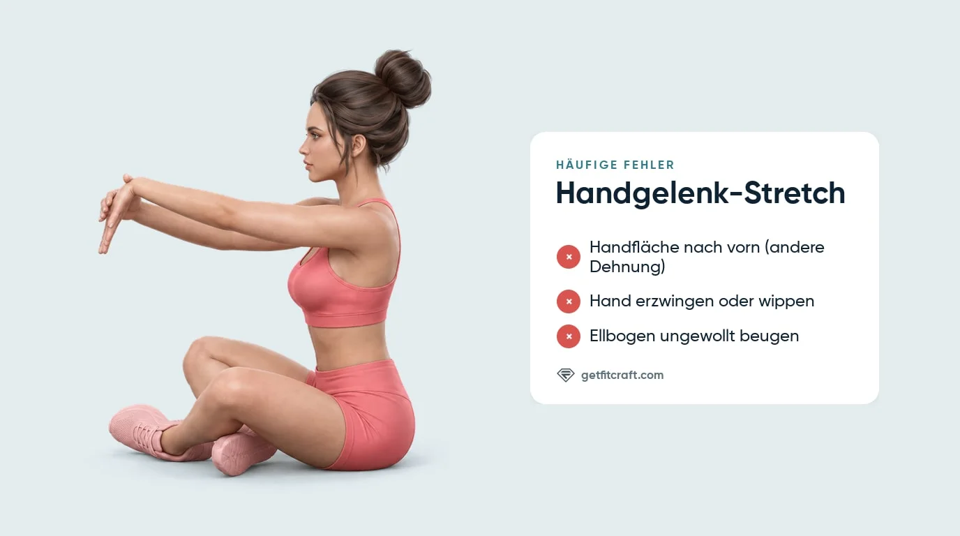Handgelenk-Stretch richtig und mit häufigen Fehlern: Handfläche nach vorn, Hand erzwingen oder wippen, gebeugter Ellbogen