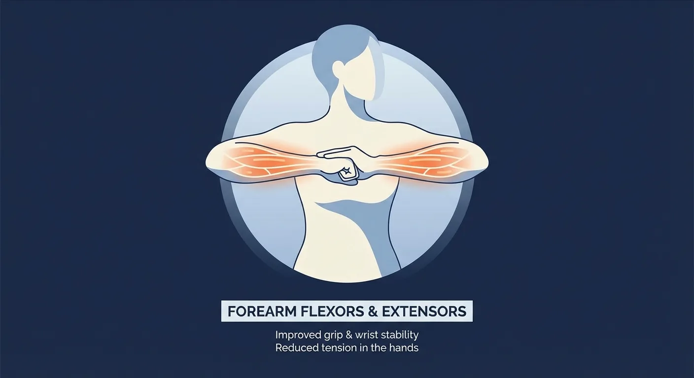 Wrist stretch muscles worked diagram showing forearm flexors, extensors, and wrist joint mobilization
