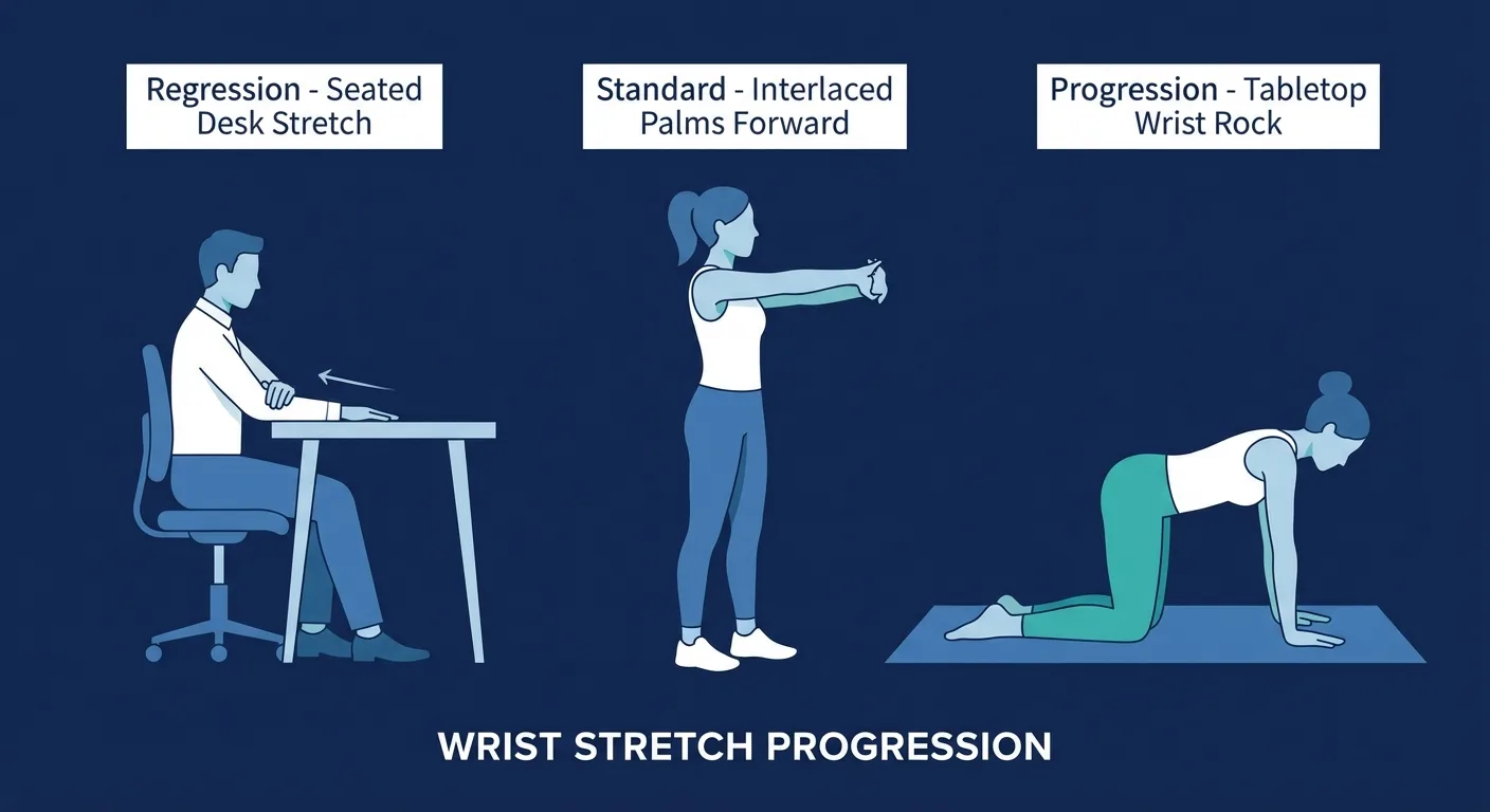 Wrist stretch variations showing desk regression, standard, and tabletop rock progression