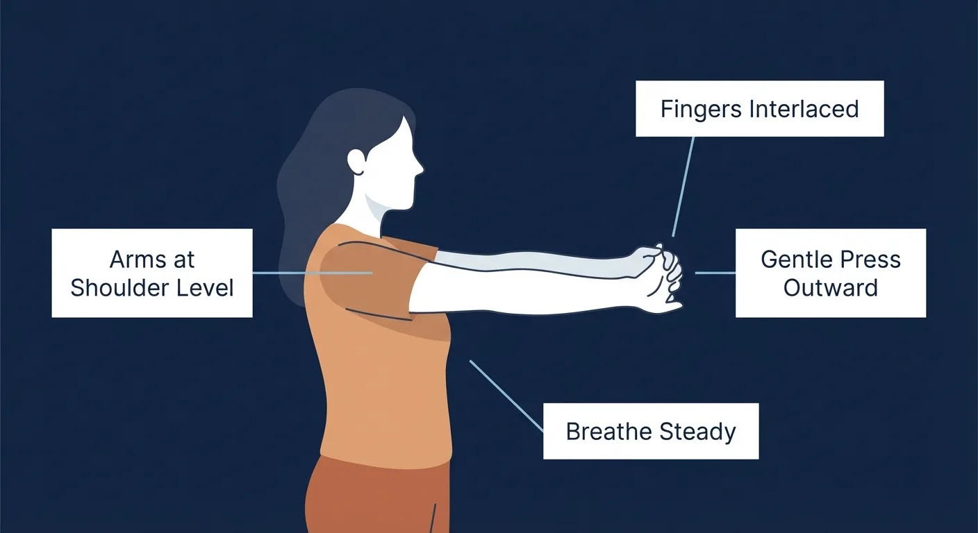 Wrist stretch proper form showing arms at shoulder level with interlaced fingers pressing palms outward