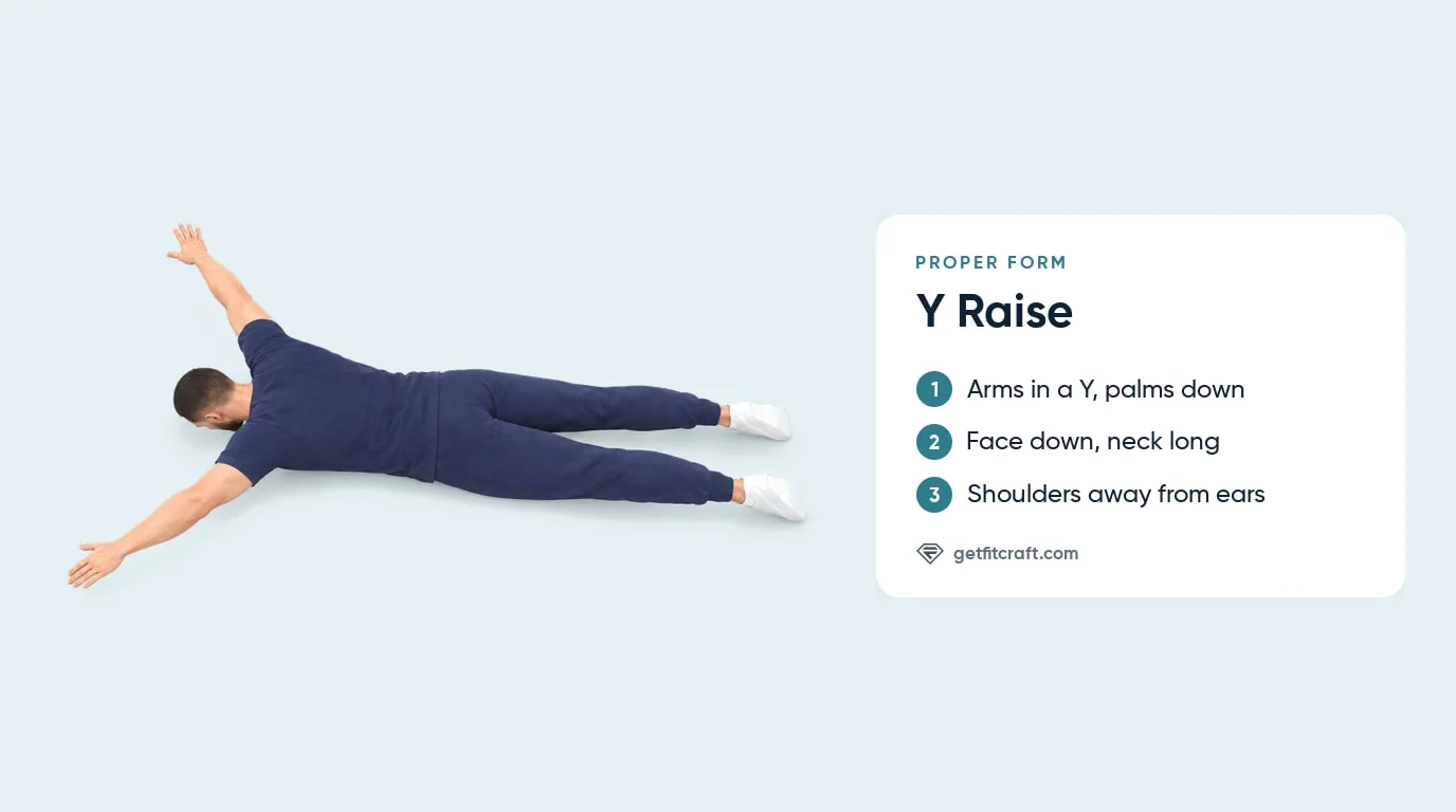 Prone Y raise proper form: face down, arms overhead in a Y with the palms down, neck long, shoulders away from the ears