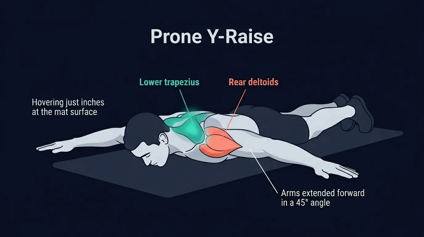 Muscles travaillés lors du Y raise en prone : trapèze inférieur comme cible principale avec deltoïdes postérieurs, rhomboïdes, coiffe des rotateurs et trapèze moyen comme assistants