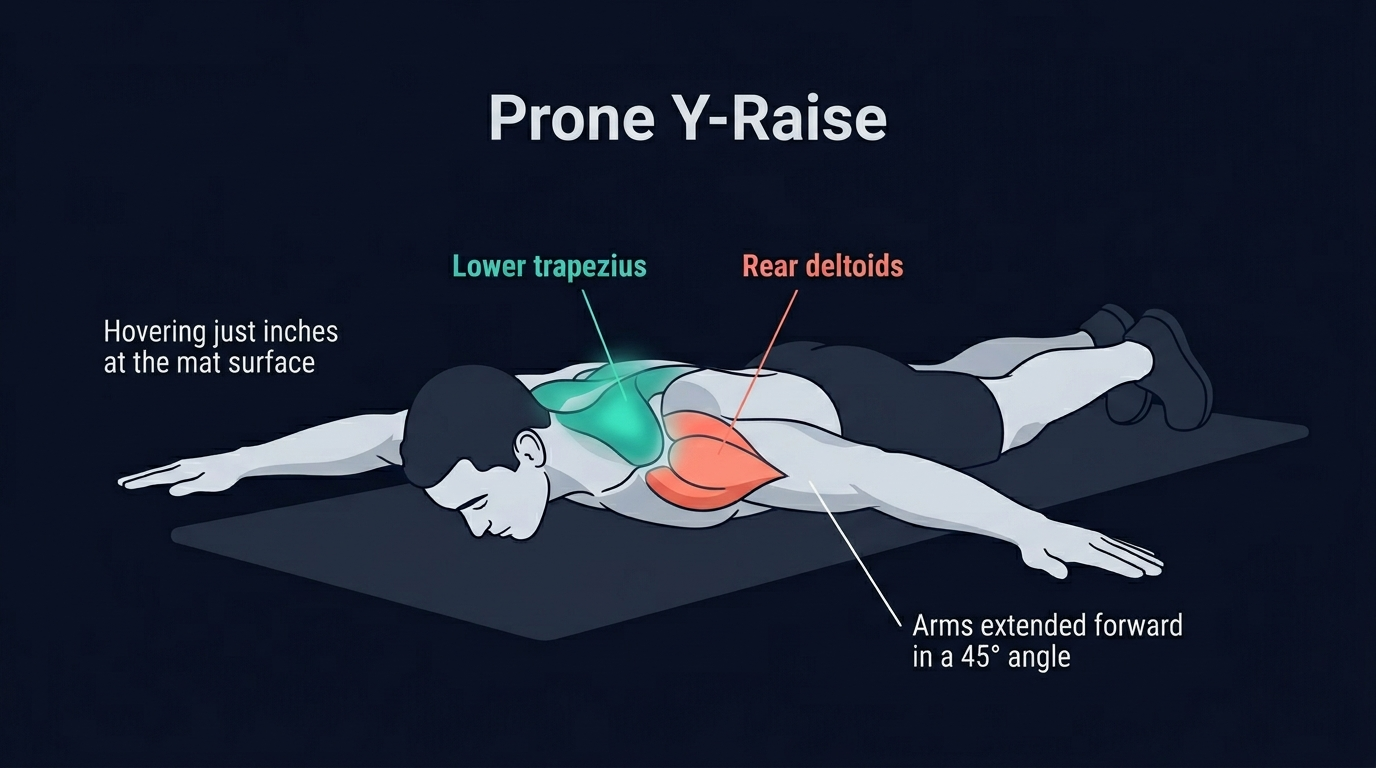 Prone Y raise muscles worked diagram showing lower trapezius as primary with rear deltoids and rotator cuff secondary, person lying face down with arms in Y position
