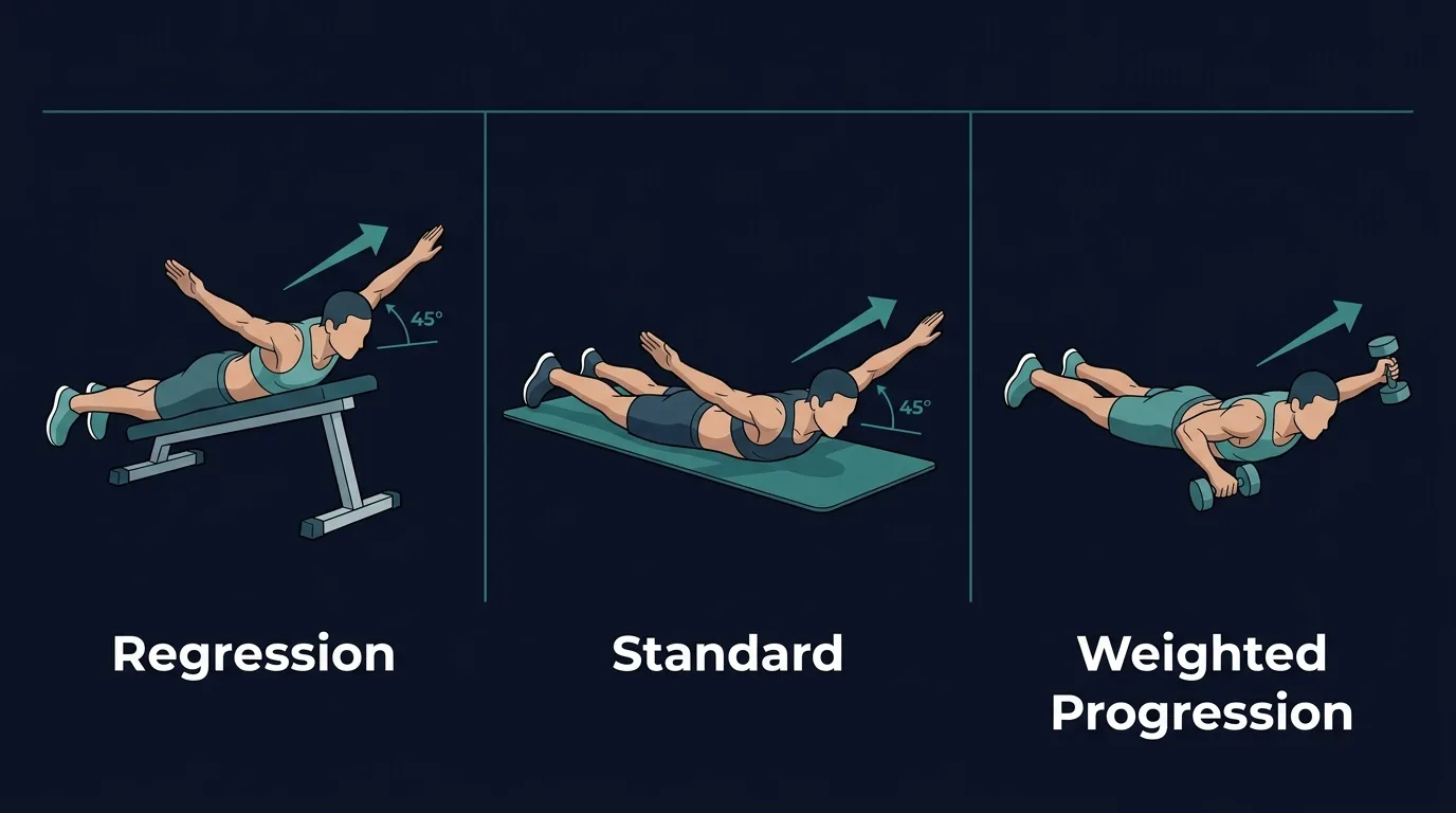 Progressions du Y raise en prone depuis les répétitions à amplitude réduite au poids du corps jusqu'aux maintiens plus longs, Y raises sur banc incliné et Y raises avec haltères très légers