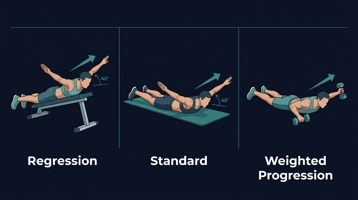 Y-Raise Variationen: Bauchlage-Version, stehende Körpergewichts-Version und Version mit leichten Hanteln