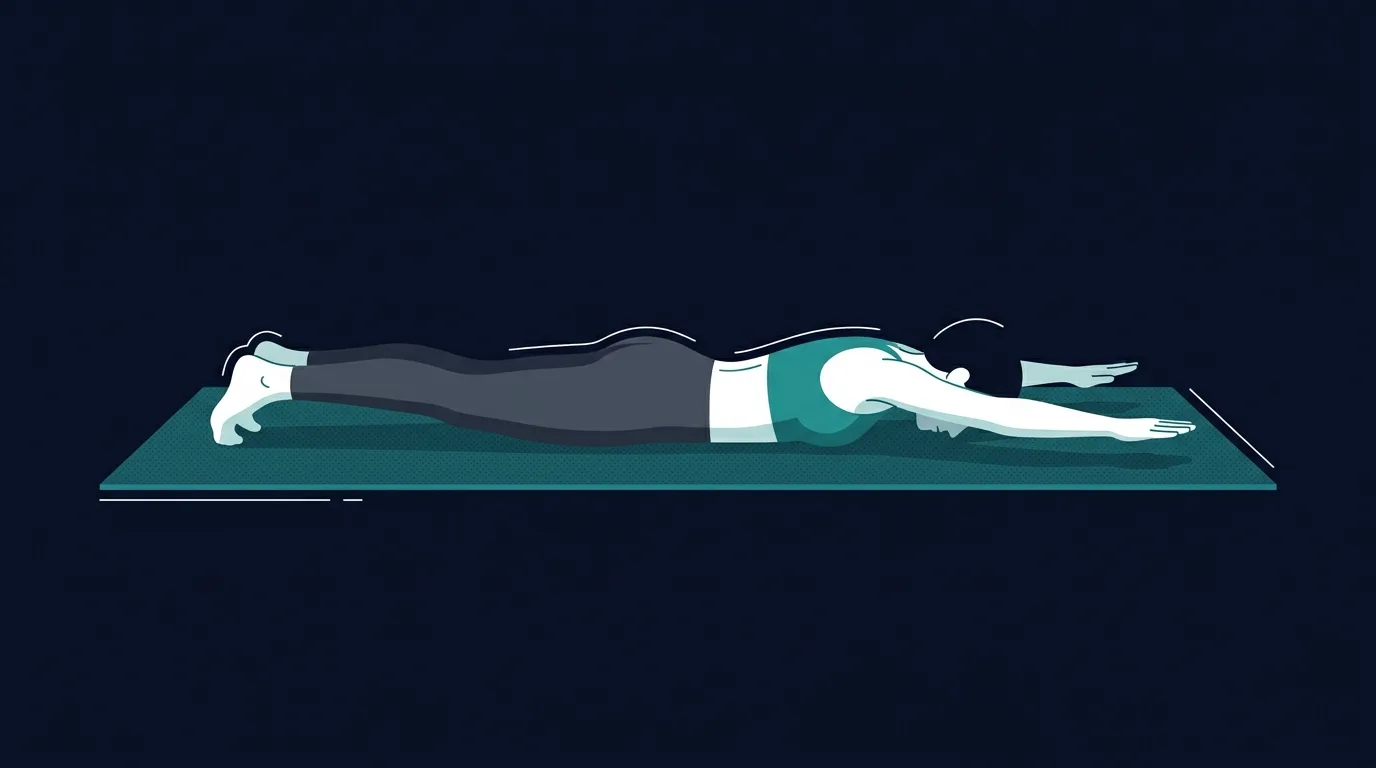 Technique correcte du Y raise en prone avec une personne allongée sur le ventre, bras droits en diagonale à 45 degrés, pouces en l'air et épaules éloignées des oreilles