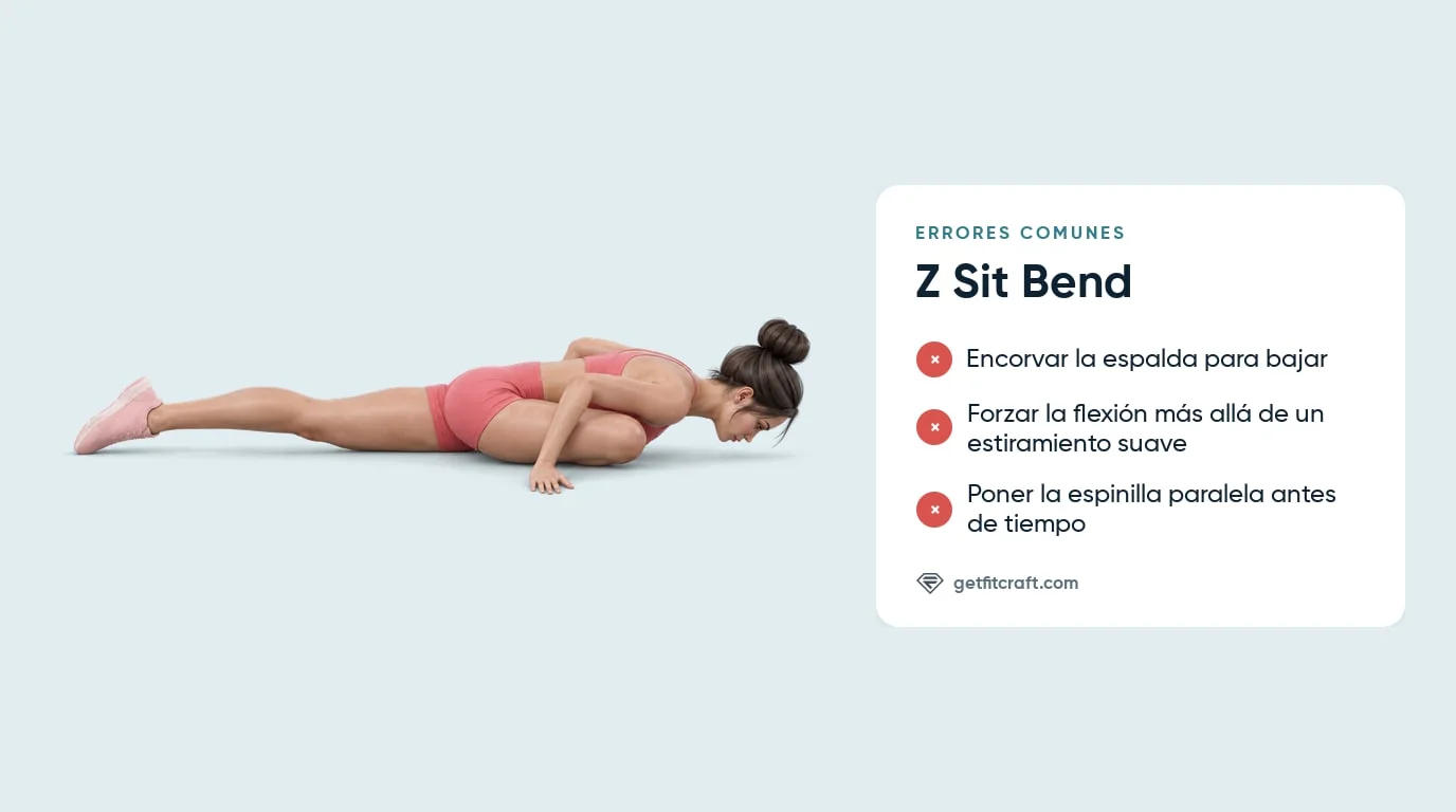 Z sit bend correcto junto a los errores comunes: encorvar la espalda, forzar la flexión y tirar de la espinilla
