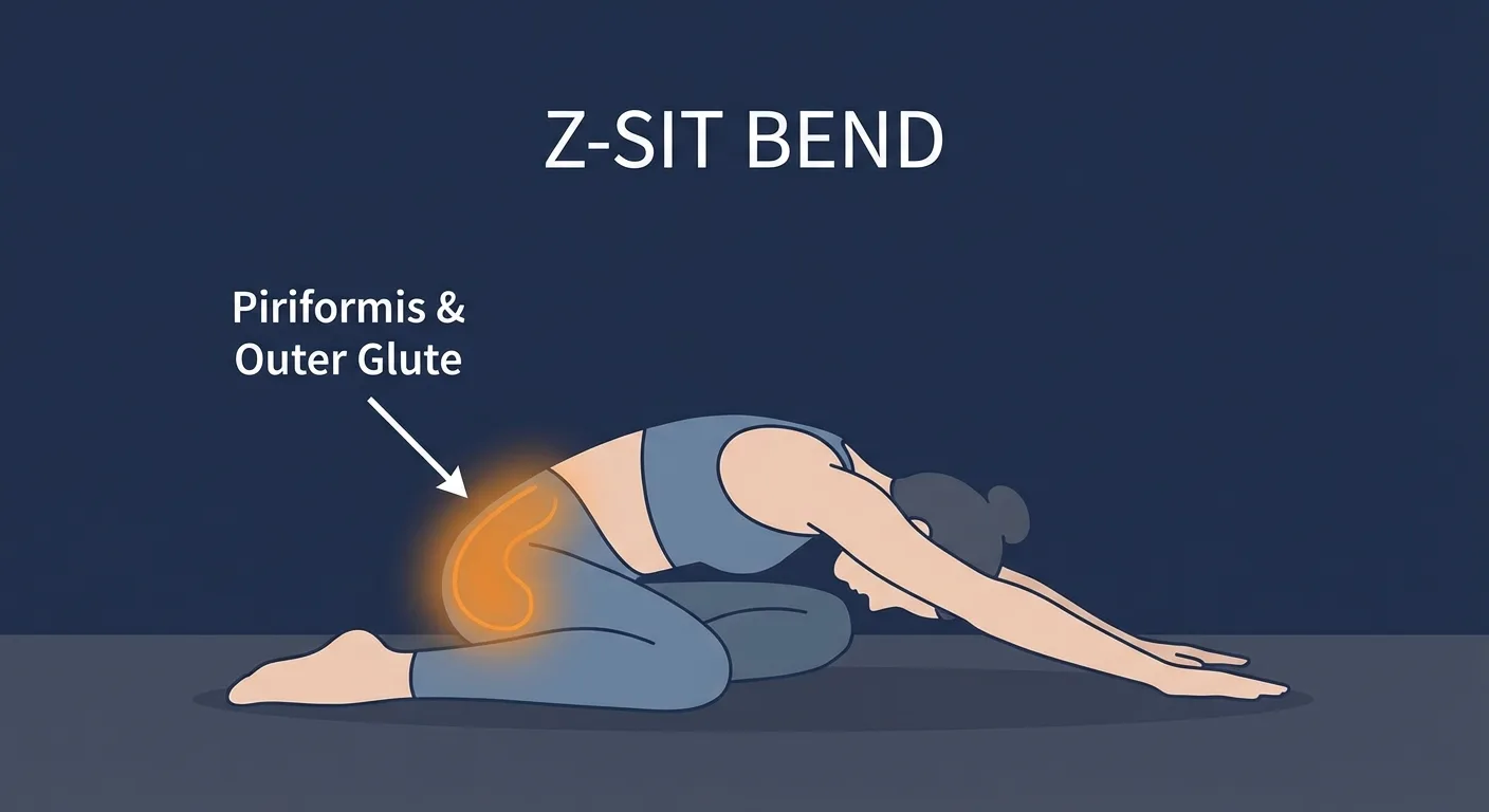 Z sit bend muscles worked diagram highlighting piriformis, outer glute, and hip external rotator stretch