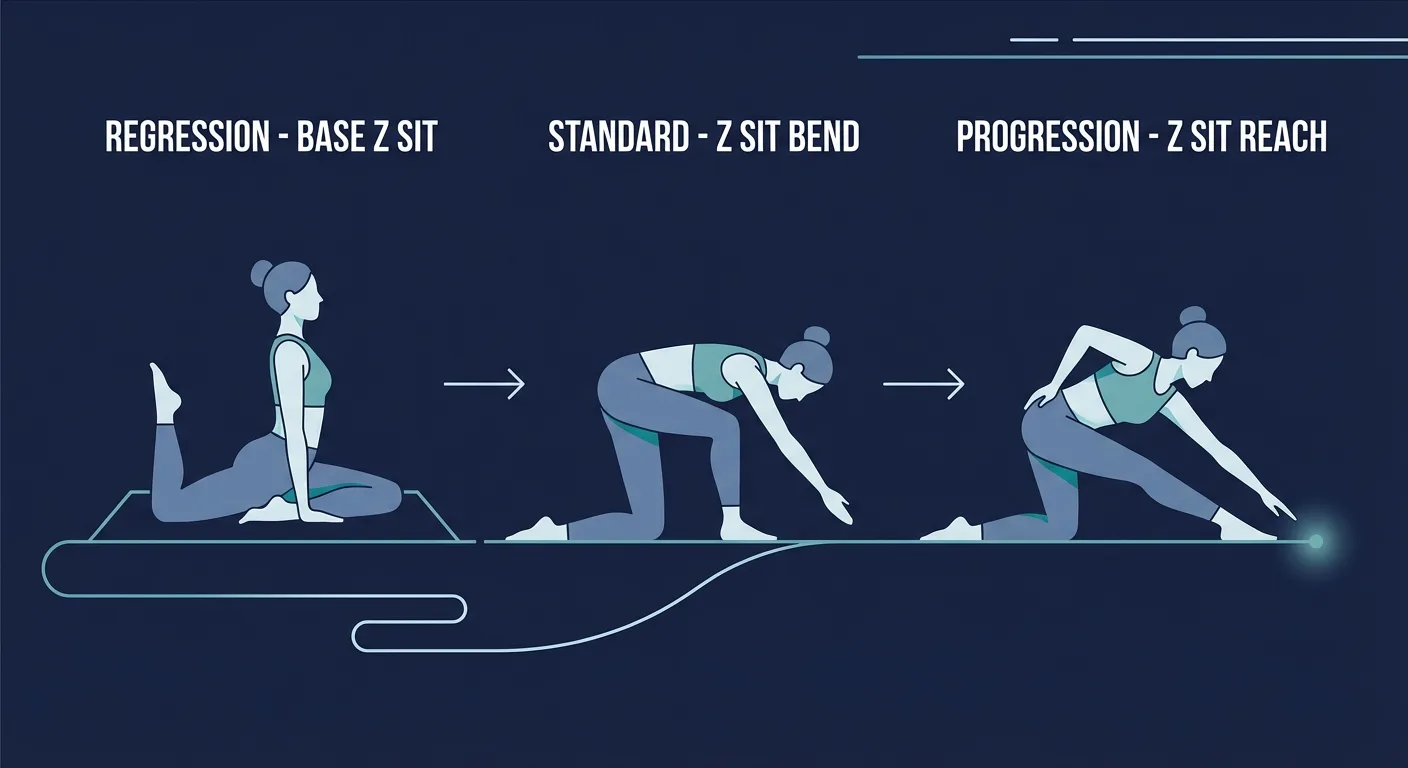 Z sit bend progression showing base Z sit regression, standard Z sit bend, and Z sit reach progression