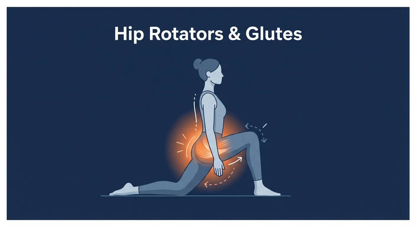 Z sit muscles worked diagram showing hip external rotators on front leg and internal rotators on back leg