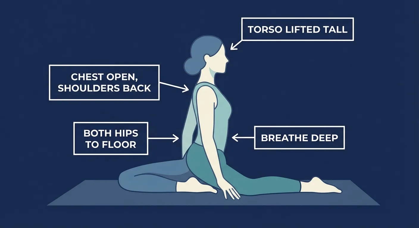 Z sit proper form showing lifted torso, open chest, and both hips settled toward the floor