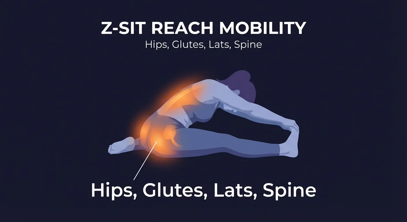 Z sit reach muscles worked diagram showing hip rotators, glutes, lats, and spinal extensor engagement