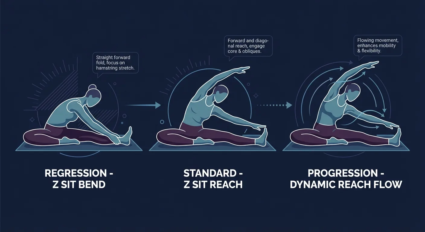 Z sit reach progression showing Z sit bend regression, standard Z sit reach, and dynamic progression