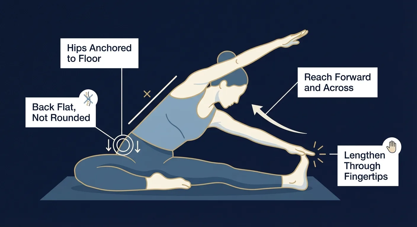 Z sit reach proper form showing anchored hips, flat back, and diagonal forward reach