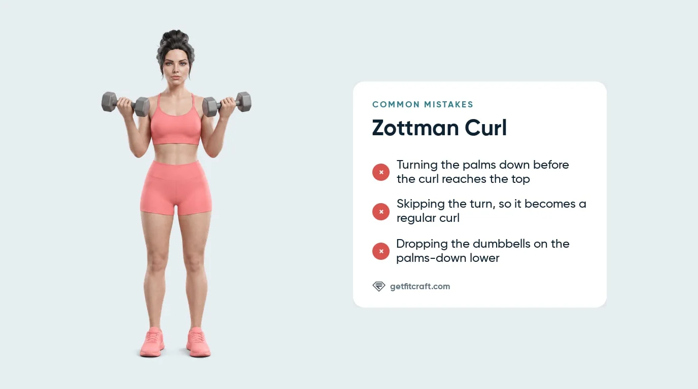 Zottman curls done correctly, standing tall at the top with elbows at the sides, beside a list of common mistakes