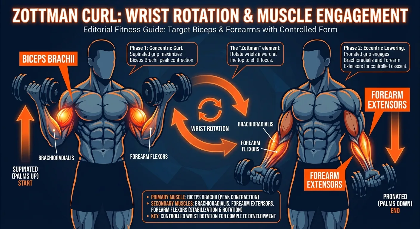 Zottman curl muscles worked diagram showing biceps brachii activation on the up phase and forearm activation on the pronated down phase
