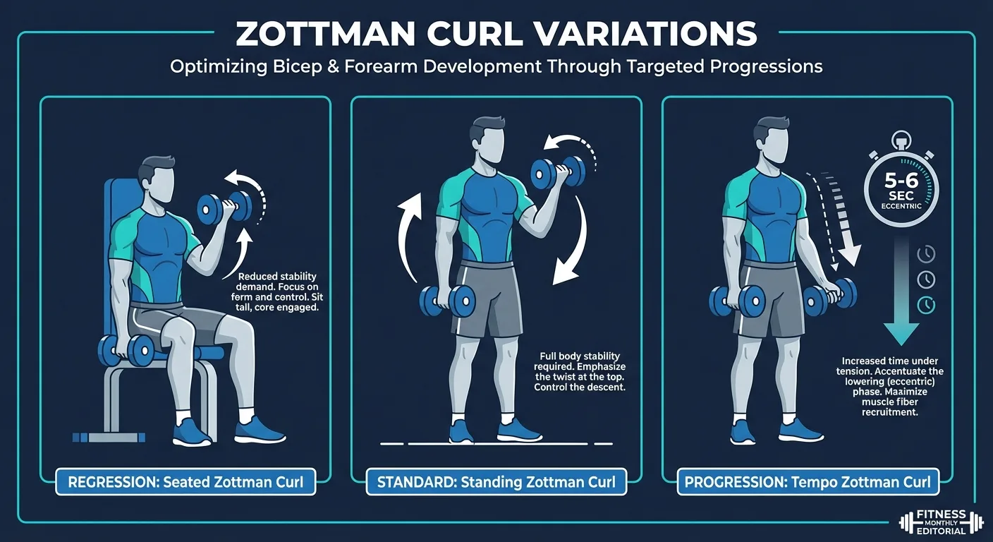 Zottman curl variations showing seated regression, standard standing, and tempo progression with slow eccentric