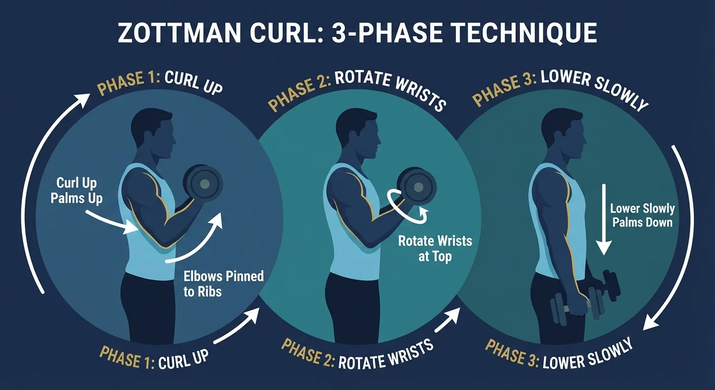 Zottman curl proper form side view showing supinated curl up, wrist rotation at the top, and pronated lower