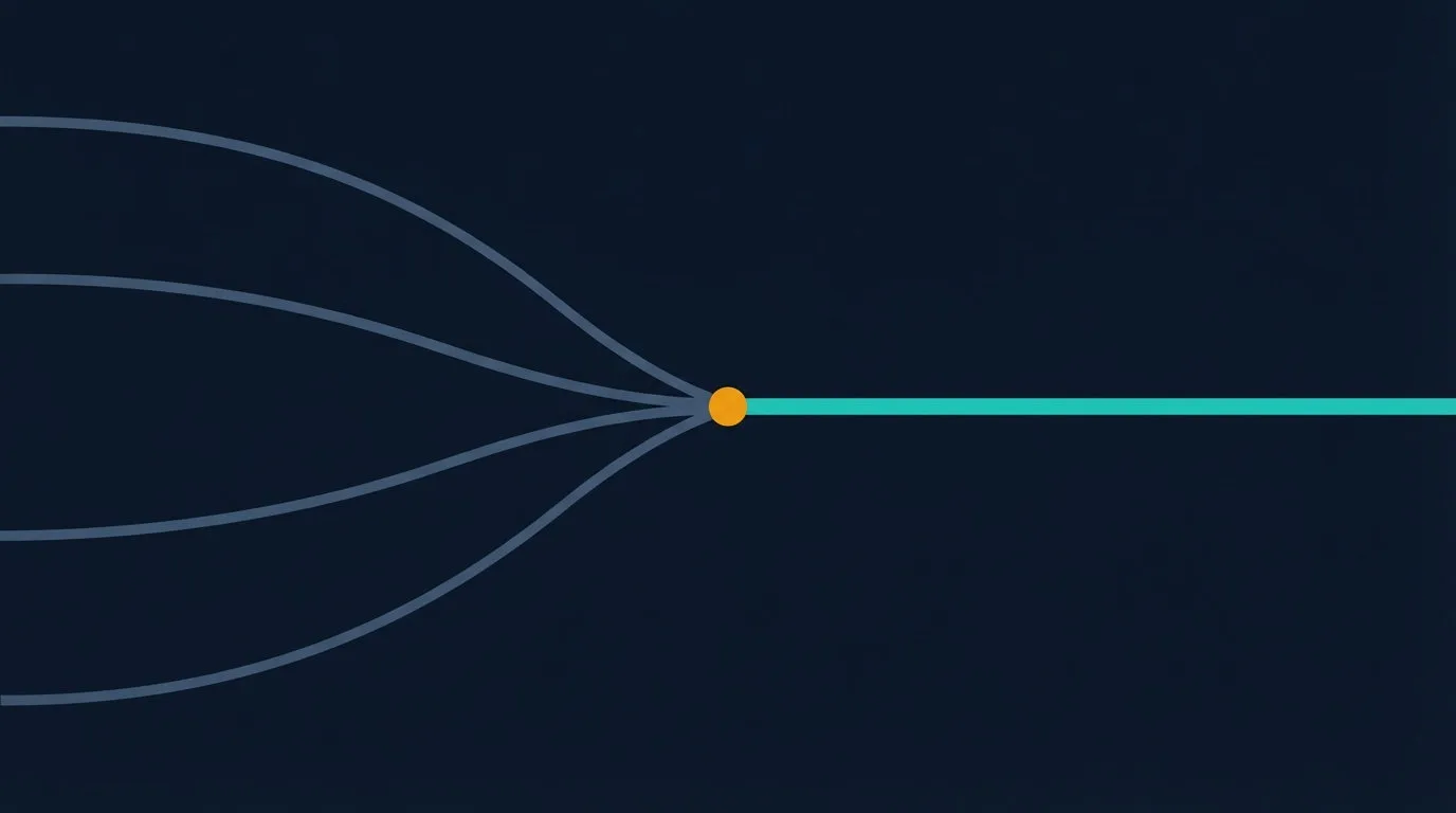 Flat vector illustration of several separate slate-blue lines merging at a single amber point into one continuous teal line, showing goal, schedule, equipment, and starting level converging into one personalized training program