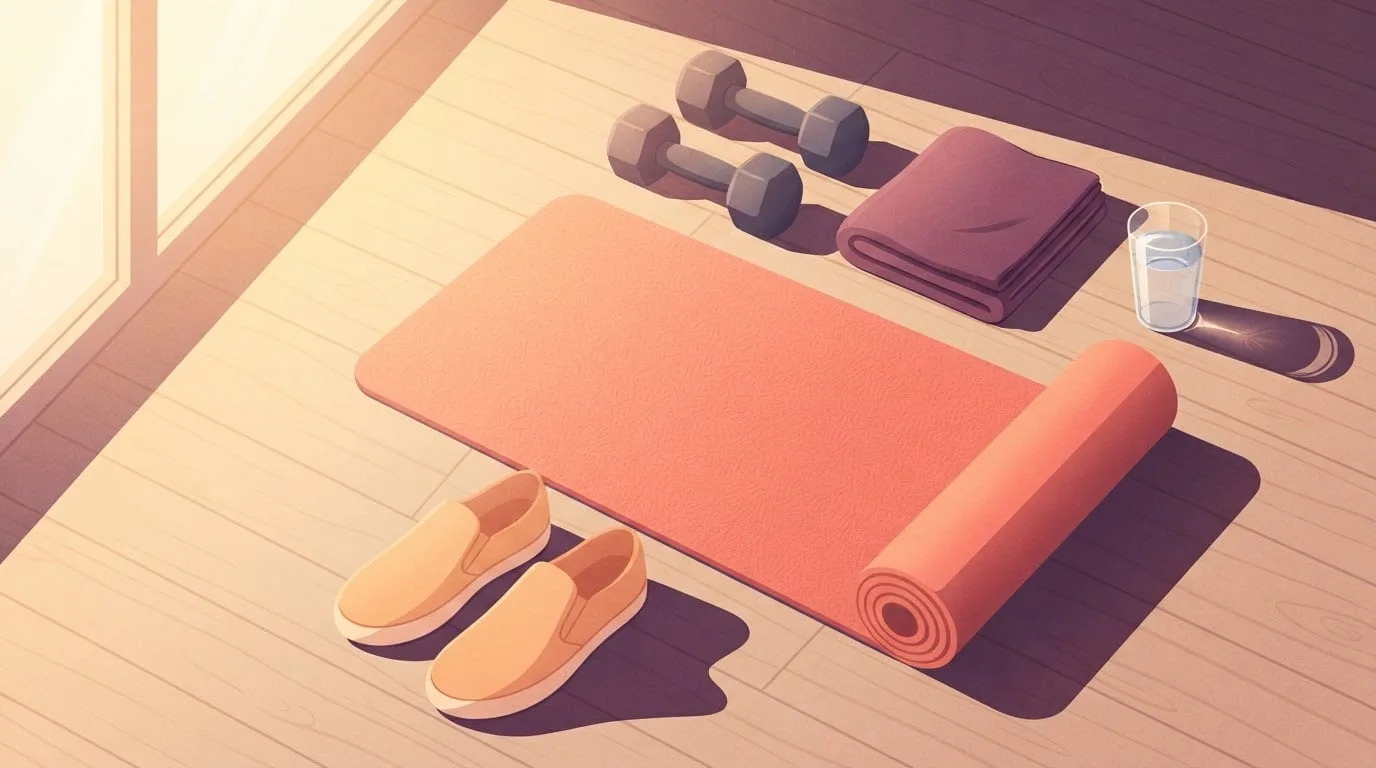 Overhead view of a coral exercise mat on a wooden floor in morning light, with a pair of dumbbells, a folded towel, a glass of water and a pair of sneakers beside it, the full kit for a 10 minute workout at home