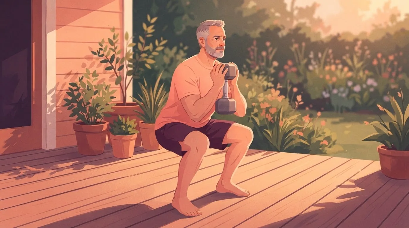 A grey-bearded man on a wooden back porch at sunrise doing a goblet squat, holding one dumbbell upright against his chest with both hands, the first move of a 10 minute dumbbell workout