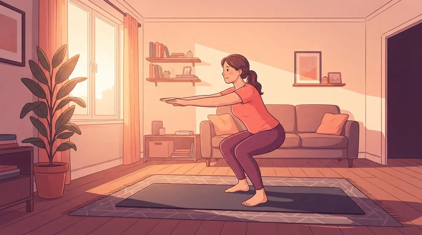 A woman in a coral t-shirt doing a bodyweight squat on an exercise mat in a small living room lit by sunrise, arms reaching forward, a 10 minute workout at home with no equipment