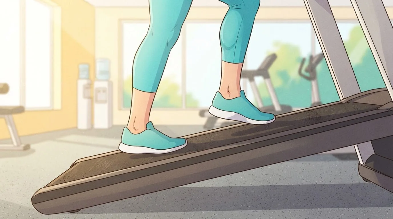 Close-up of a walker's lower legs in aqua leggings and plain sneakers on a steeply tilted treadmill belt, one foot flat and the other up on its toes, calves working on a 12 incline treadmill walk