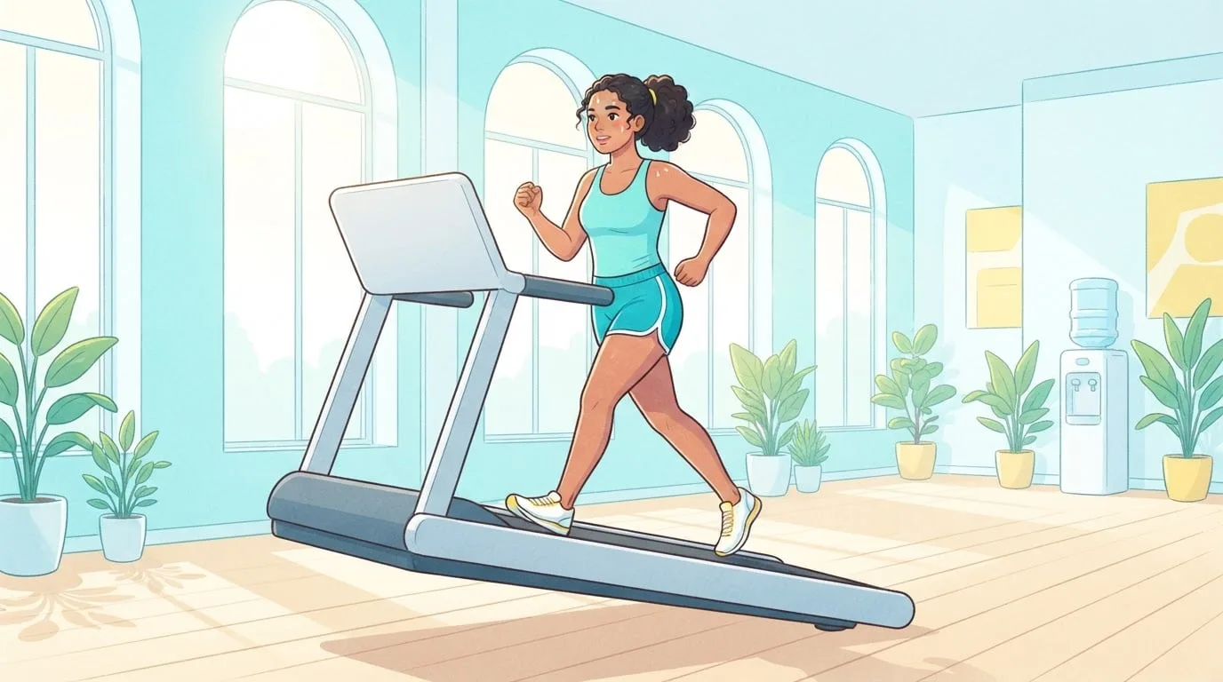 A woman walking on a steeply inclined treadmill in a bright gym with tall windows at midday, arms swinging freely and hands off the rails during a 12-3-30 workout