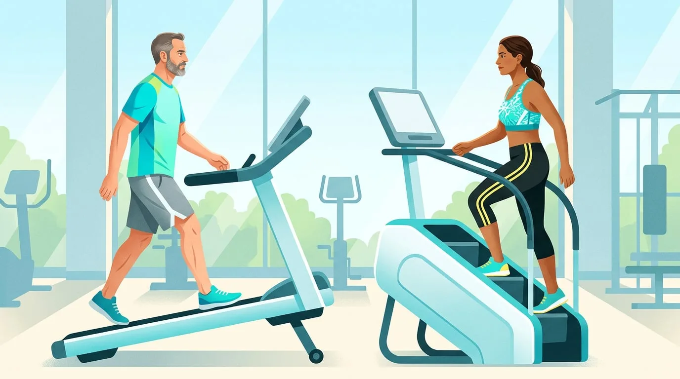 Two adults side by side in a sunny gym, a man walking uphill on an inclined treadmill and a woman climbing a stair stepper machine, both standing upright and facing their consoles